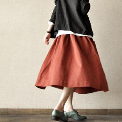 Brick red linen cotton baggy skirts vintage top quality casual skirts - Omychic