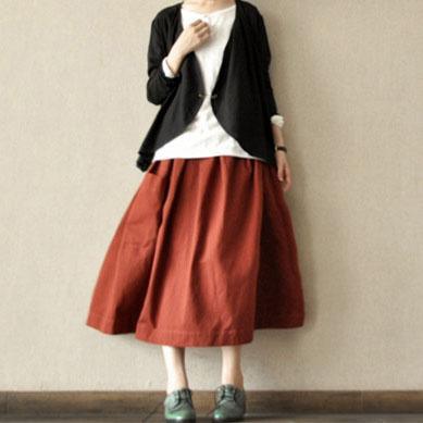Brick red linen cotton baggy skirts vintage top quality casual skirts - Omychic