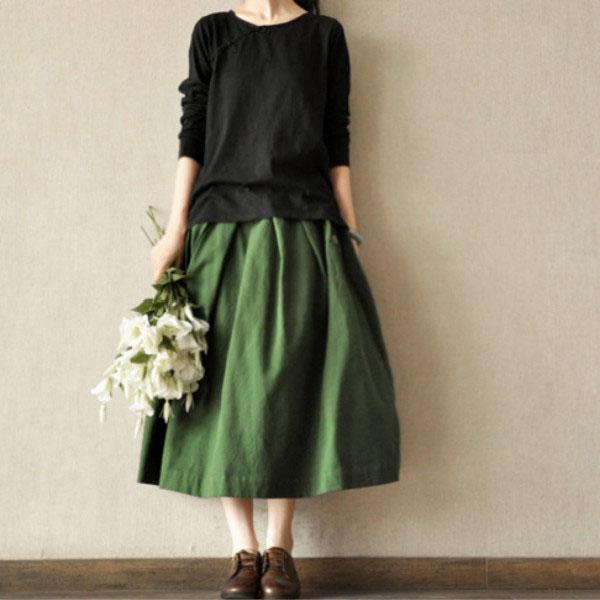 Brick red linen cotton baggy skirts vintage top quality casual skirts - Omychic