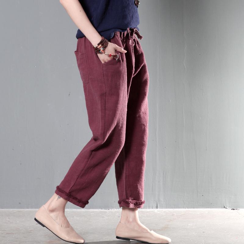 Brick red linen plus size pants - Omychic