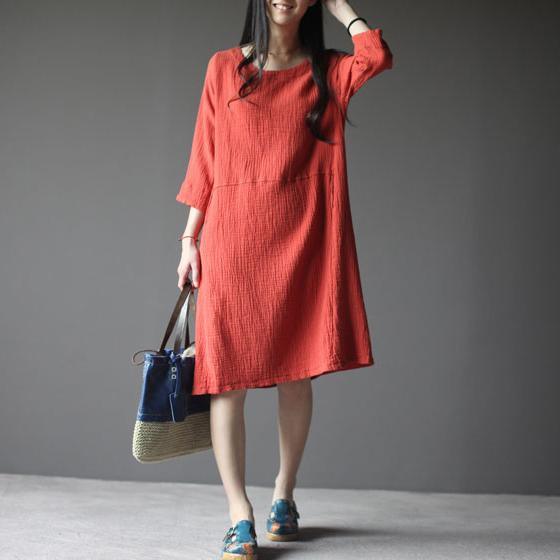 Brick red linen summer dress with with Three Quarter Sleeves - Omychic