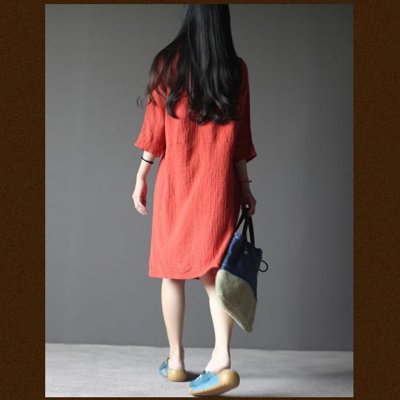 Brick red linen summer dress with with Three Quarter Sleeves - Omychic