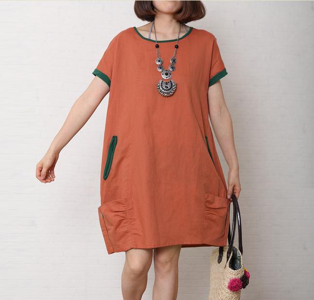 Brick red summer cotton dress short sleeve linen shift dress - Omychic