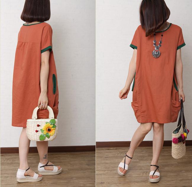 Brick red summer cotton dress short sleeve linen shift dress - Omychic