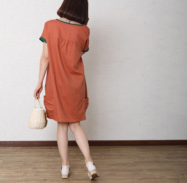 Brick red summer cotton dress short sleeve linen shift dress - Omychic