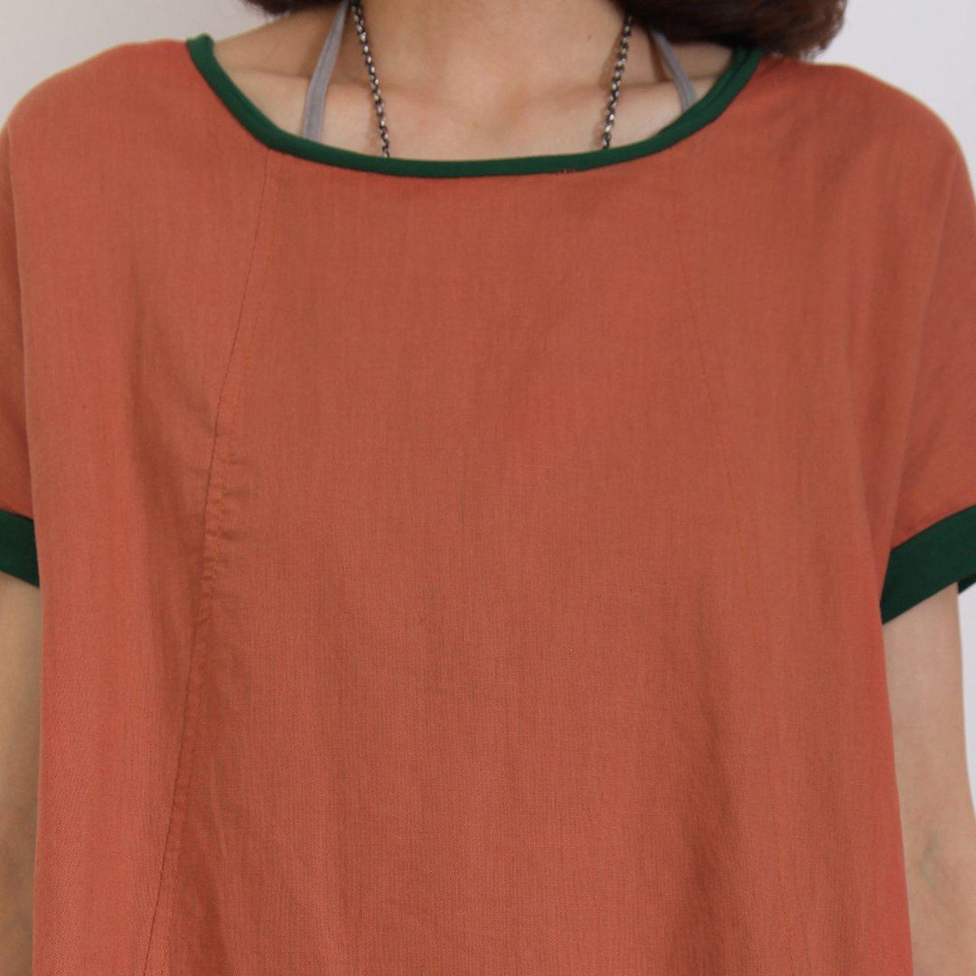 Brick red summer cotton dress short sleeve linen shift dress - Omychic