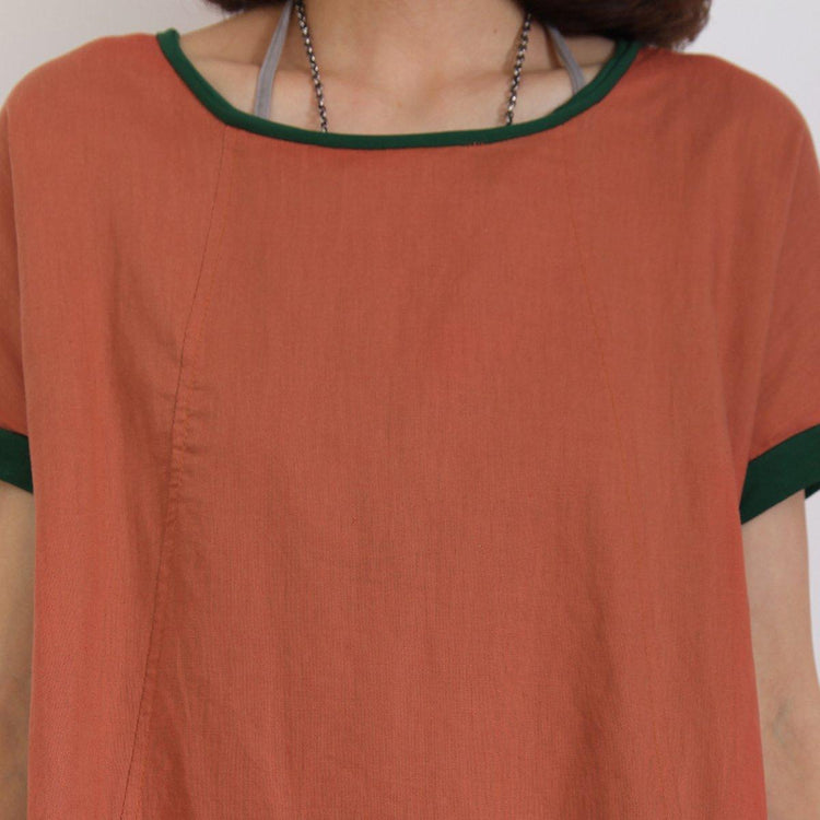 Brick red summer cotton dress short sleeve linen shift dress - Omychic
