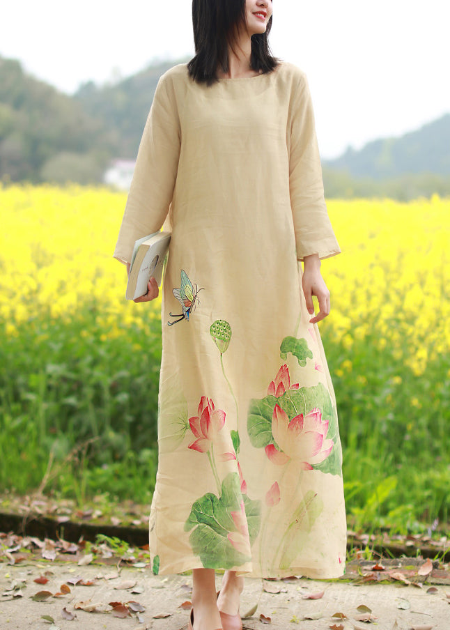 Brief Beige O-Neck Butterfly Floral Print Linen Dresses Long Sleeve