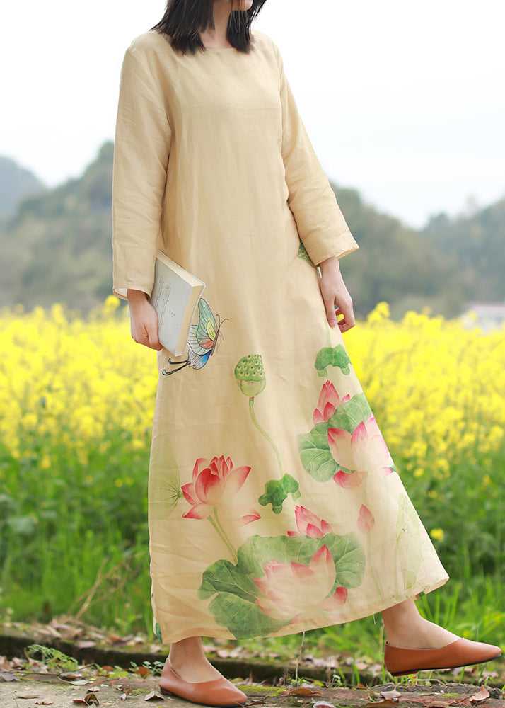 Brief Beige O-Neck Butterfly Floral Print Linen Dresses Long Sleeve
