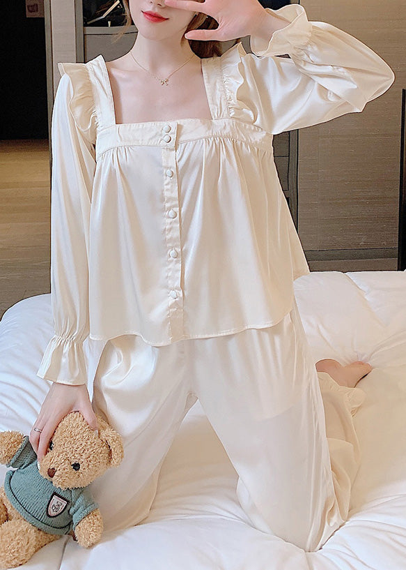 Brief Beige Square Collar Ruffled Button Solid Ice Silk Pajamas Two Pieces Set Long Sleeve