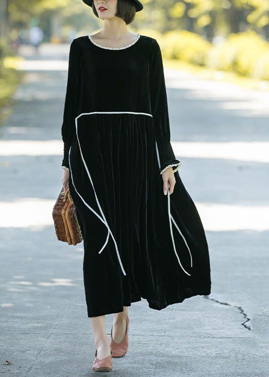 Brief Black O-Neck Patchwork Silk Velour Long Dresses Long Sleeve
