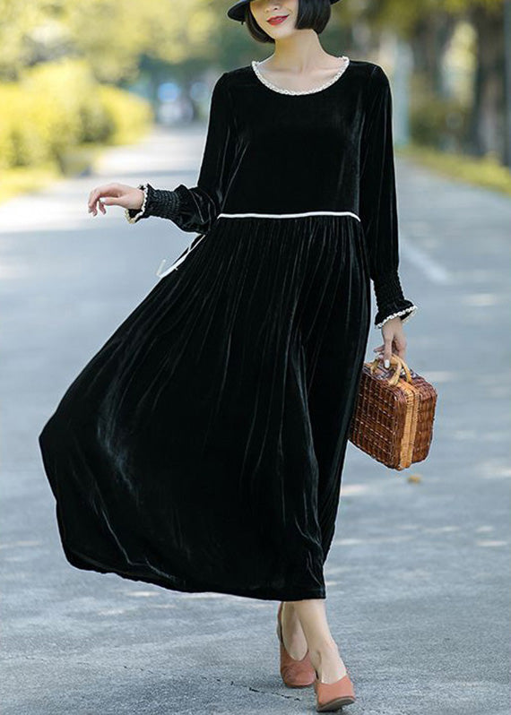 Brief Black O-Neck Patchwork Silk Velour Long Dresses Long Sleeve