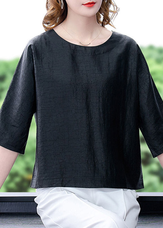 Brief Black O-Neck Solid Silk Tops Half Sleeve