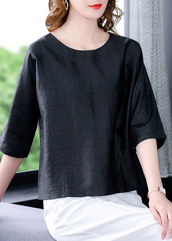 Brief Black O-Neck Solid Silk Tops Half Sleeve