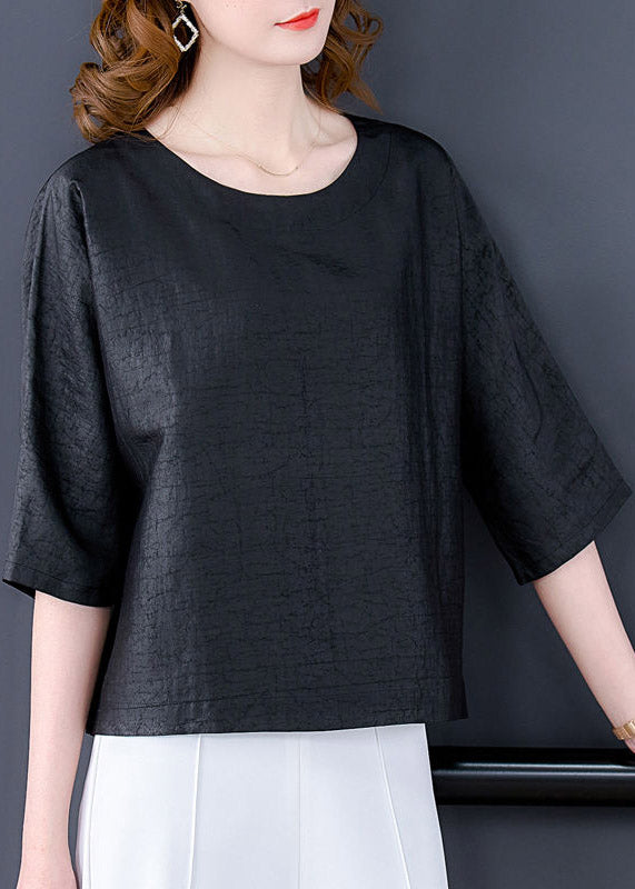 Brief Black O-Neck Solid Silk Tops Half Sleeve