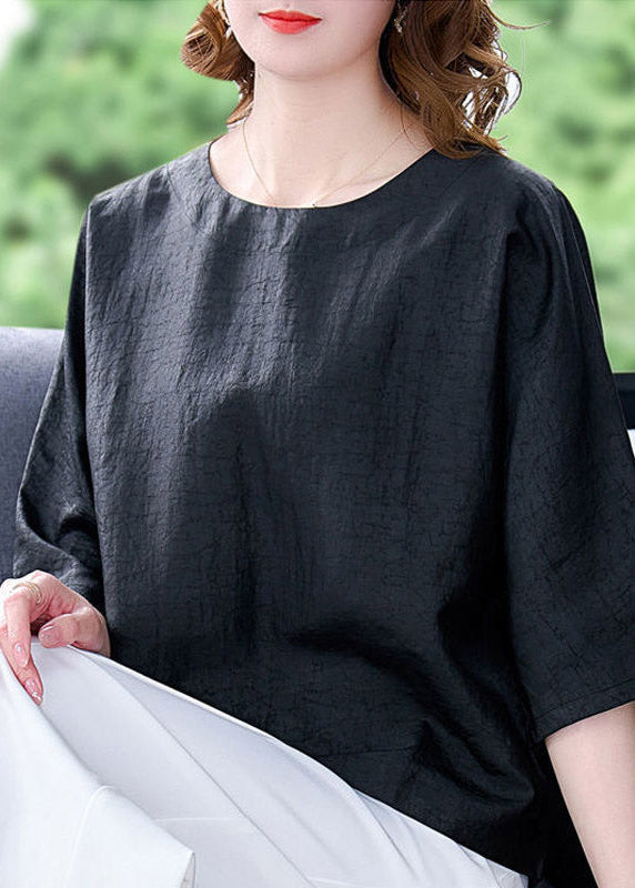 Brief Black O-Neck Solid Silk Tops Half Sleeve