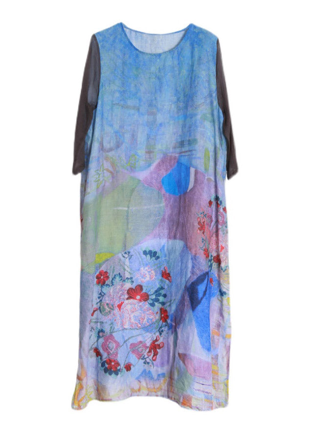 Brief Blue Print Pockets Side Open Silk Patchwork Linen Dress Three Quarter Sleeve