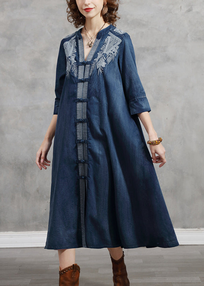 Brief Blue V Neck Embroideried Cotton A Line Dress Half Sleeve