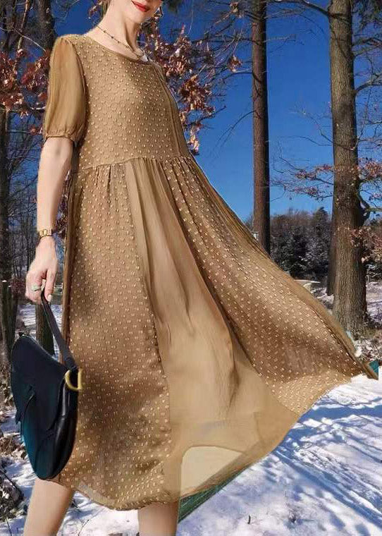 Brief Brown O-Neck Patchwork Silk Maxi Dress Short Sleeve