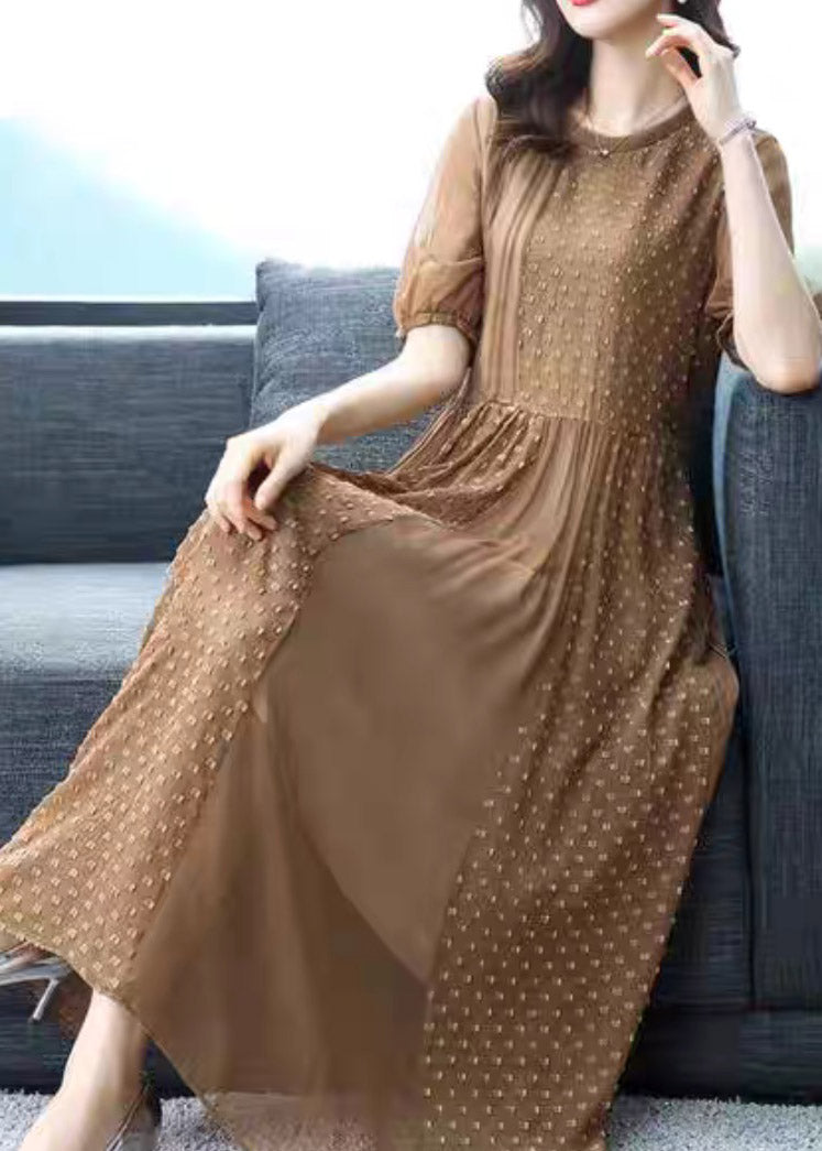 Brief Brown O-Neck Patchwork Silk Maxi Dress Short Sleeve