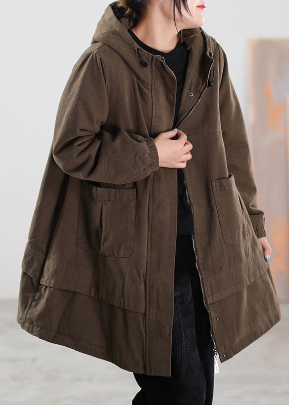 Brief Coffee Zippered Button Pockets Drawstring Hooded Coats Winter