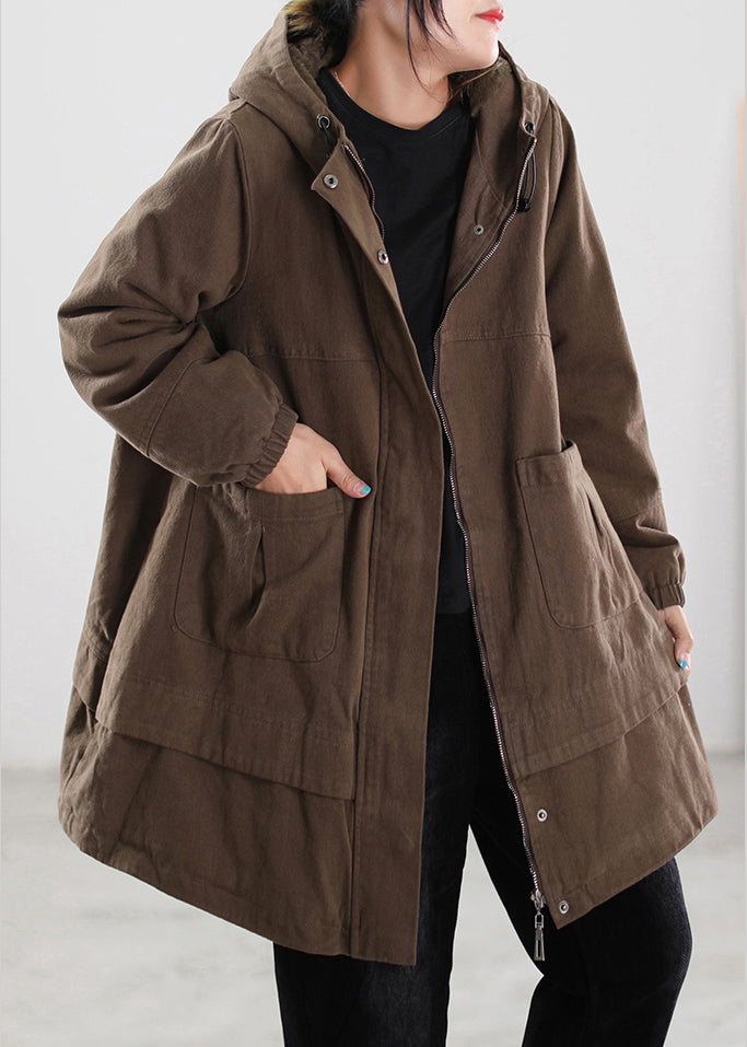 Brief Coffee Zippered Button Pockets Drawstring Hooded Coats Winter