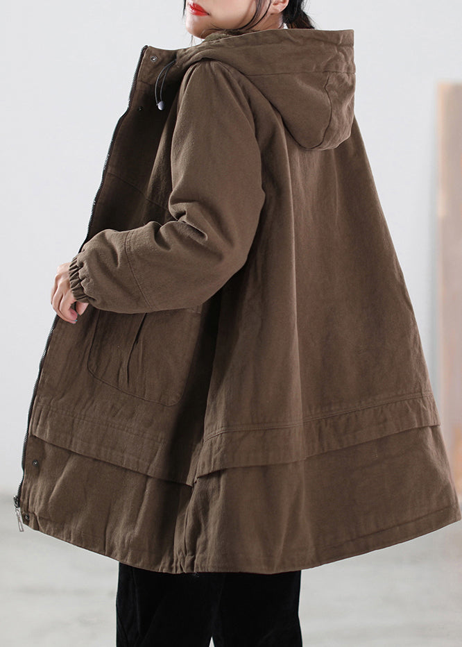 Brief Coffee Zippered Button Pockets Drawstring Hooded Coats Winter