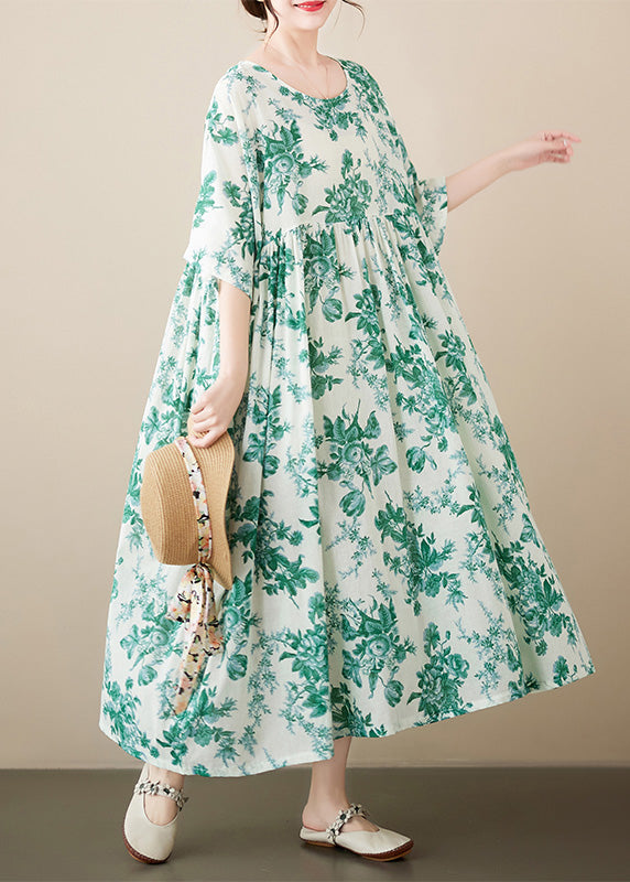 Brief Green O-Neck Patchwork Print Cotton Maxi Dresses Summer