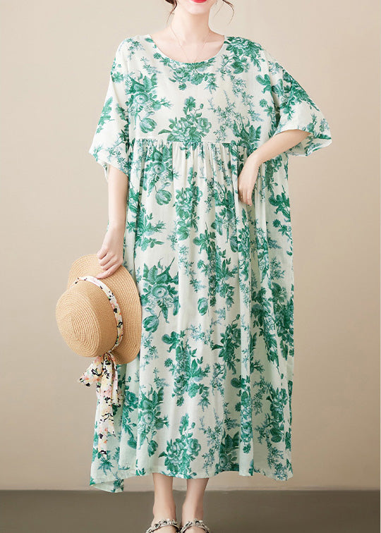 Brief Green O-Neck Patchwork Print Cotton Maxi Dresses Summer