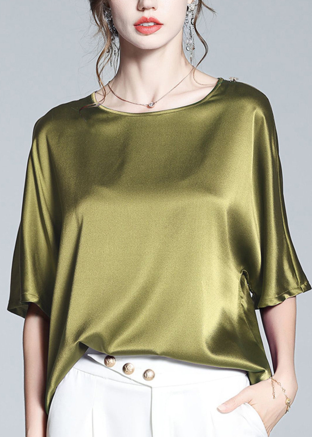 Brief Green O-Neck Solid Silk T Shirt Half Sleeve