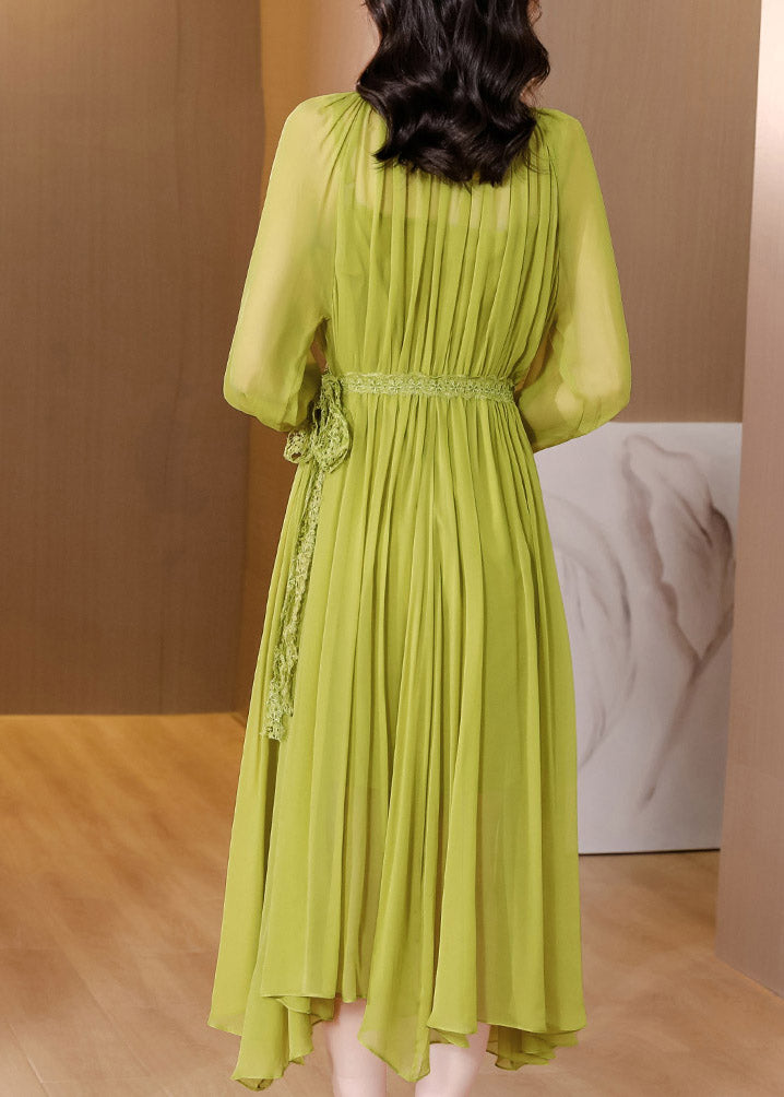 Brief Green O-Neck Wrinkled Chiffon Long Dress Fall