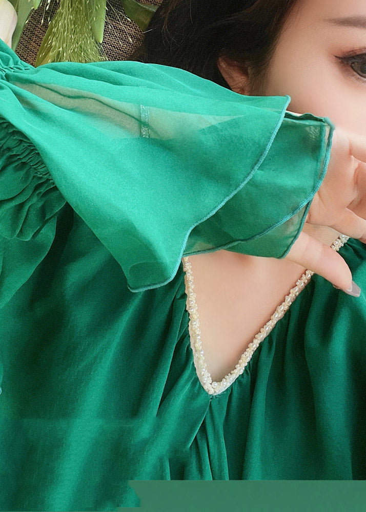 Brief Green V Neck Nail bead Ruffles Silk Dress Flare Sleeve