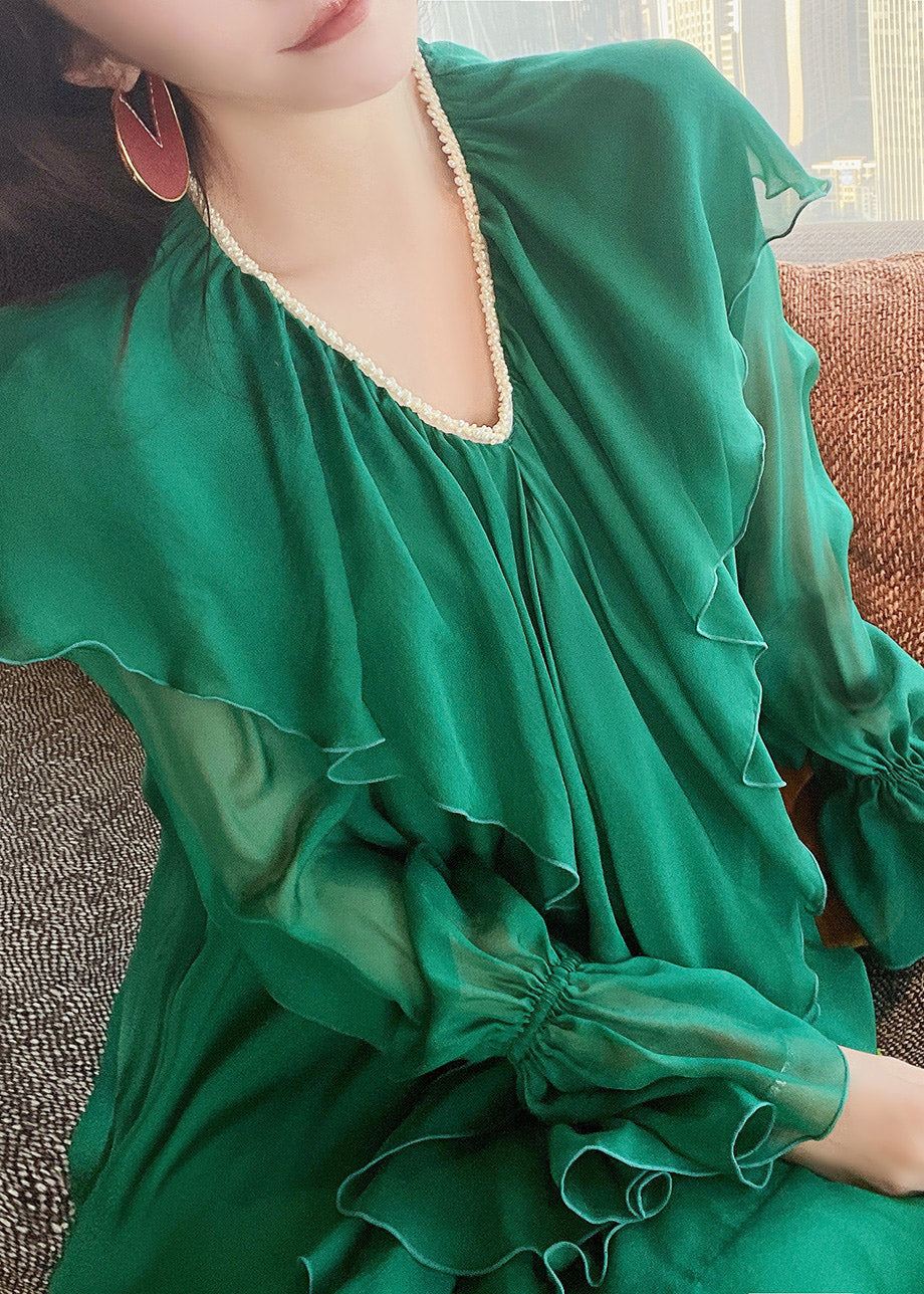 Brief Green V Neck Nail bead Ruffles Silk Dress Flare Sleeve