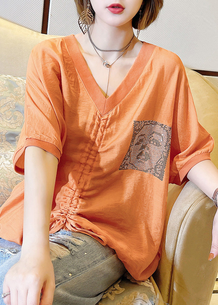 Brief Orange V Neck Print Drawstring Top Summer