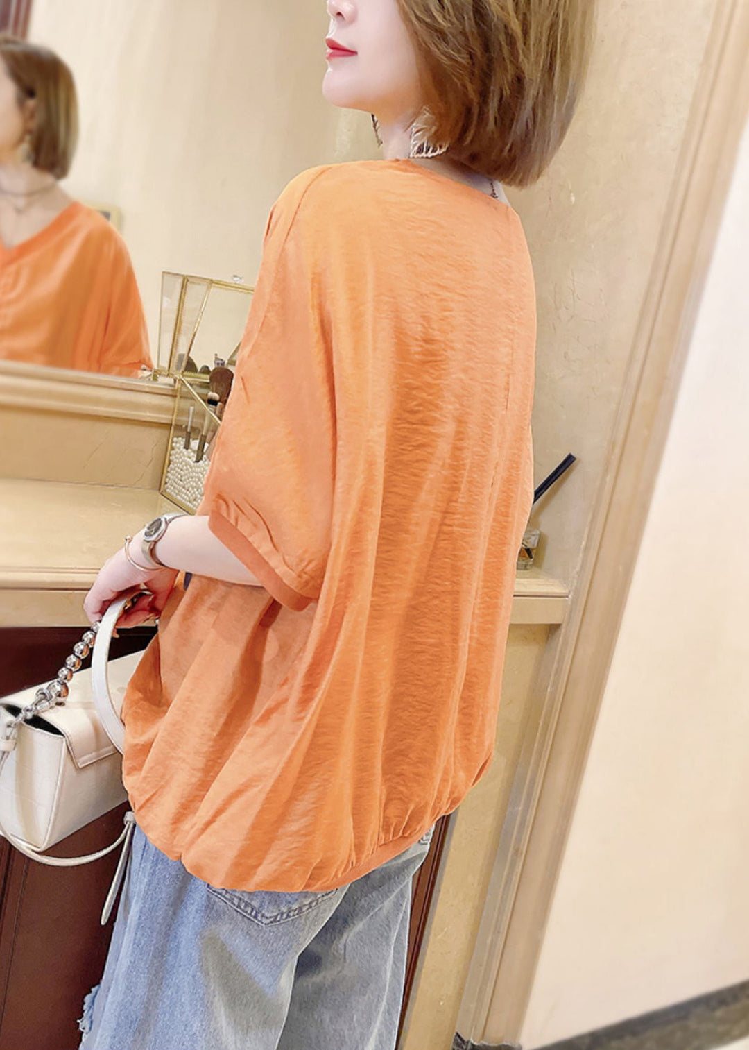 Brief Orange V Neck Print Drawstring Top Summer