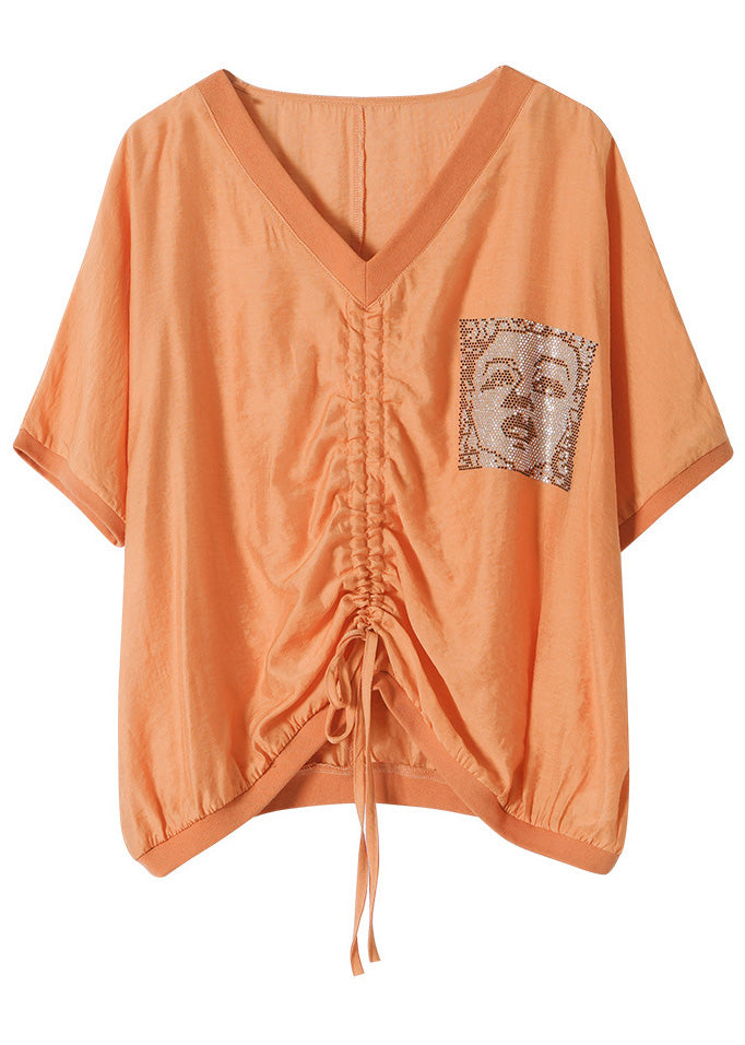 Brief Orange V Neck Print Drawstring Top Summer