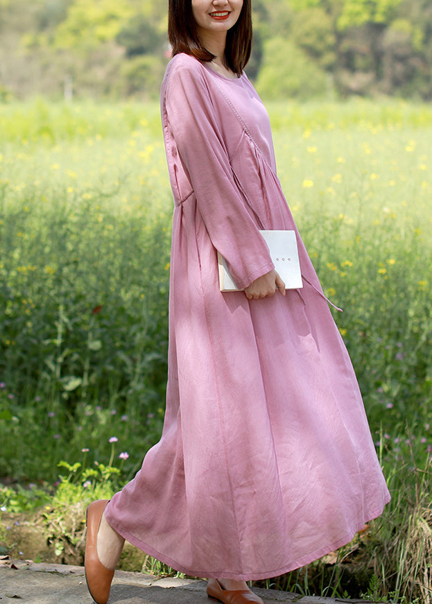 Brief Pink O-Neck tie waist wrinkled Linen Dresses Long Sleeve