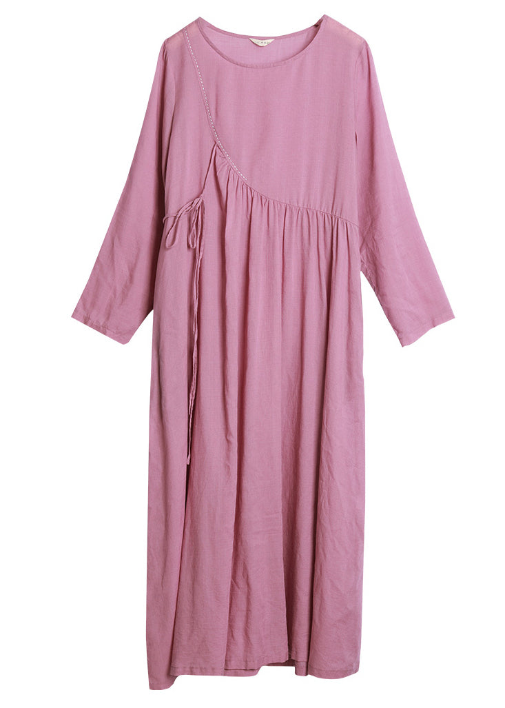 Brief Pink O-Neck tie waist wrinkled Linen Dresses Long Sleeve