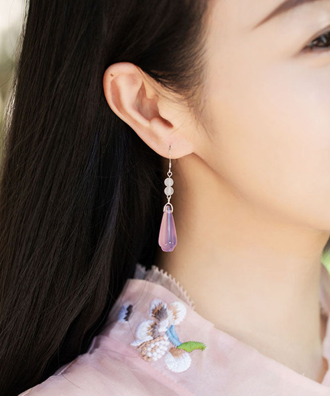 Brief Pink Sterling Silver Chalcedony Magnolia Flower Drop Earrings
