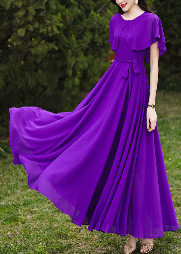 Brief Purple O-Neck Patchwork Tie Waist Chiffon Holiday Maxi Dresses Short Sleeve