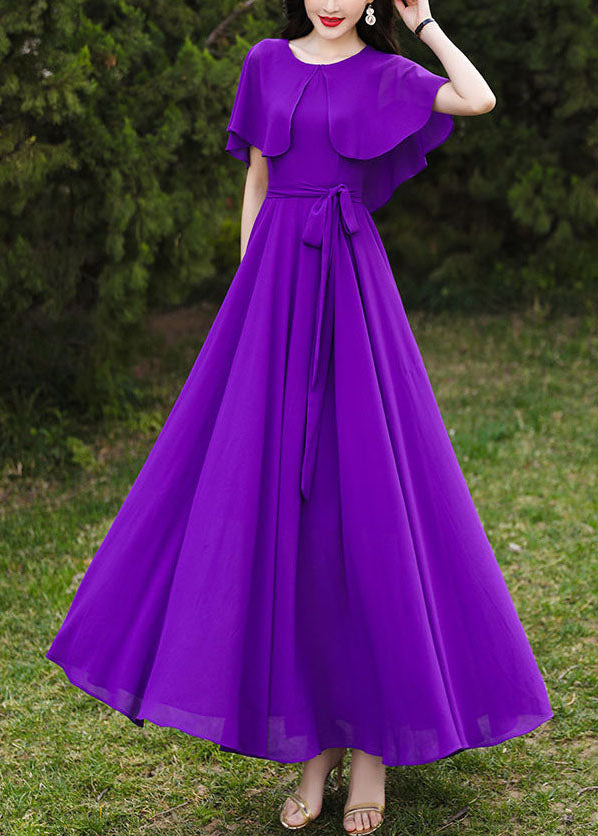 Brief Purple O-Neck Patchwork Tie Waist Chiffon Holiday Maxi Dresses Short Sleeve