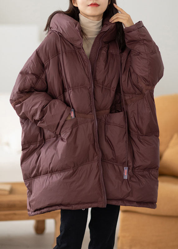 Brief Purplish Red Drawstring Zippered Duck Down Hooded Down Coat Winter