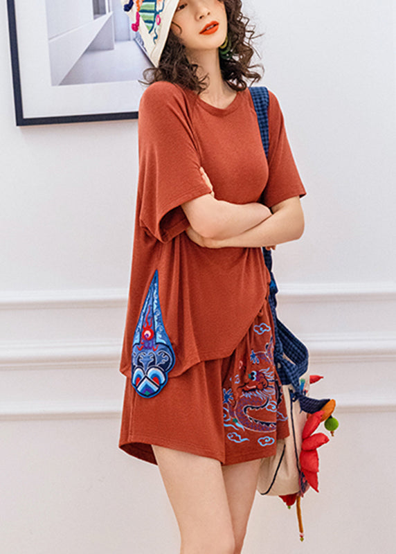 Brief Red Embroideried Floral Knit Top And Shorts Two Pieces Set Summer