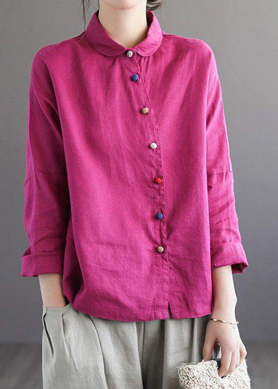 Brief Rose Peter Pan Collar Solid Linen Shirts Long Sleeve