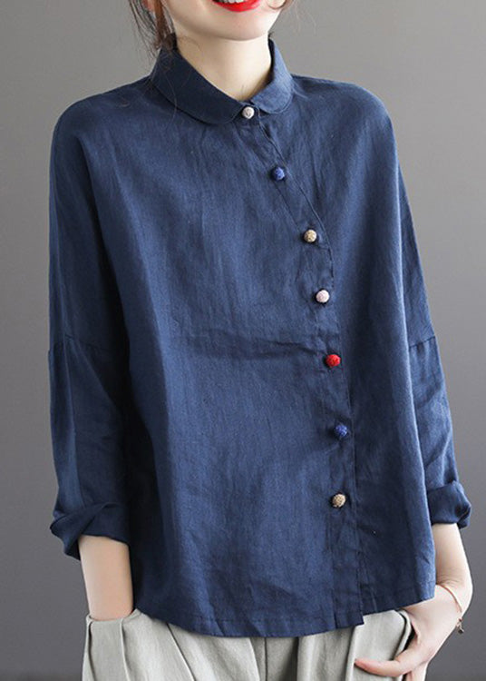 Brief Rose Peter Pan Collar Solid Linen Shirts Long Sleeve