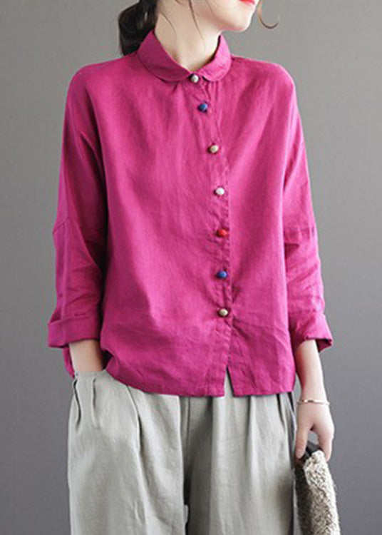 Brief Rose Peter Pan Collar Solid Linen Shirts Long Sleeve