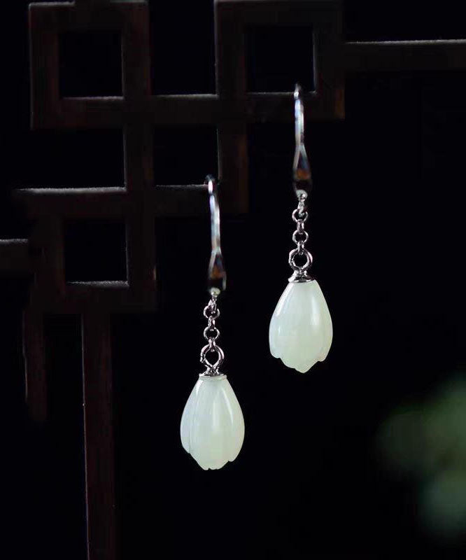 Brief Silk Sterling Silver Jade Magnolia Flower Drop Earrings