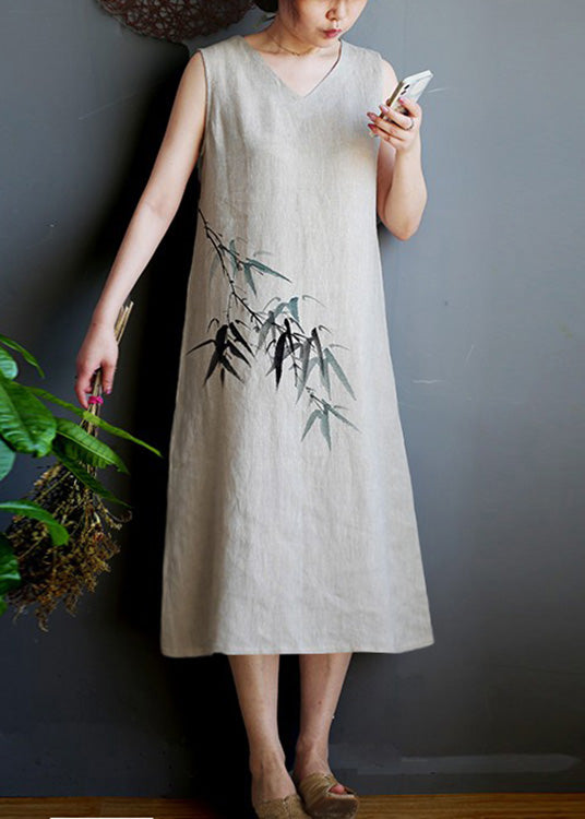 Brief V Neck Print Linen Long Vests Dress Summer