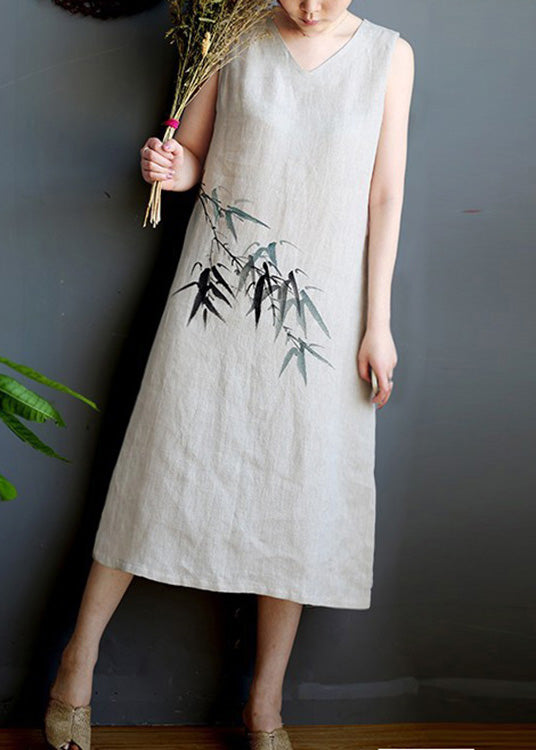 Brief V Neck Print Linen Long Vests Dress Summer