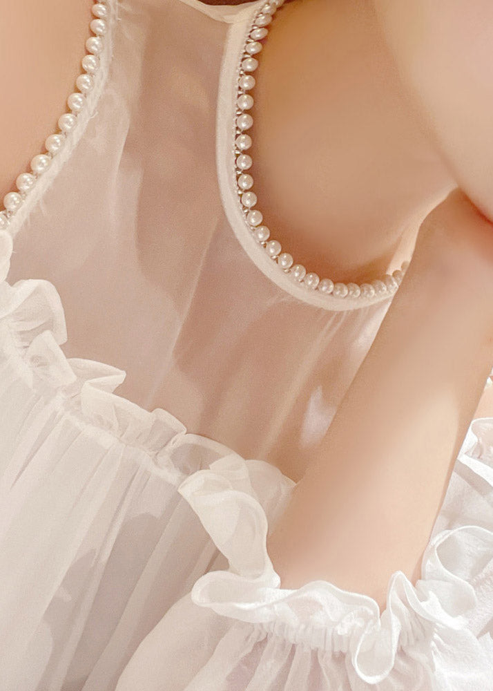 Brief White O-Neck Ruffled Wrinkled Silk Long Dress Flare Sleeve